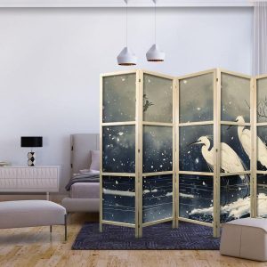 Paravent japonais - Herons over a winter pond - Japanese-style illustration in dark colours