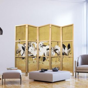 Paravent japonais - Japanese cranes - a flock of birds against a golden background based on a painting by Ishida Yūtei