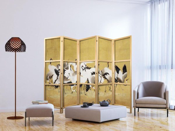 Paravent japonais - Japanese cranes - a flock of birds against a golden background based on a painting by Ishida Yūtei