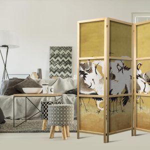 Paravent japonais - Japanese cranes - a flock of birds against a golden background based on a painting by Ishida Yūtei