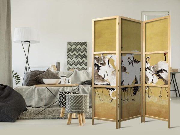 Paravent japonais - Japanese cranes - a flock of birds against a golden background based on a painting by Ishida Yūtei