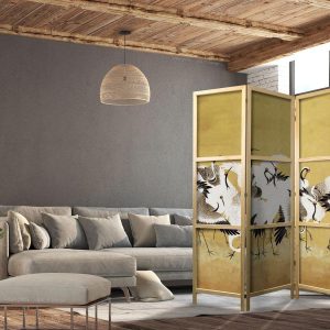 Paravent japonais - Japanese cranes - a flock of birds against a golden background based on a painting by Ishida Yūtei