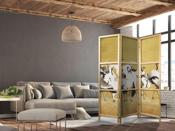 Paravent japonais - Japanese cranes - a flock of birds against a golden background based on a painting by Ishida Yūtei