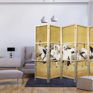 Paravent japonais - Japanese cranes - a flock of birds against a golden background based on a painting by Ishida Yūtei