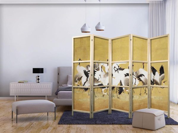Paravent japonais - Japanese cranes - a flock of birds against a golden background based on a painting by Ishida Yūtei Paravent japonais - Japanese cranes - a flock of birds against a golden background based on a painting by Ishida Yūtei