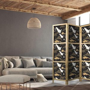 Paravent japonais - Oriental impressions - decorative pattern with a motif of flying cranes on a dark background