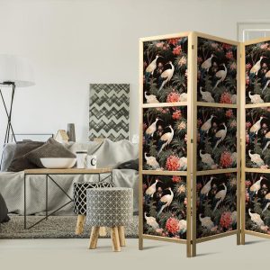 Paravent japonais - Ornament with birds - silhouettes of cranes and peony flowers on a dark background