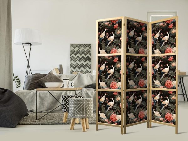 Paravent japonais - Ornament with birds - silhouettes of cranes and peony flowers on a dark background