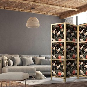 Paravent japonais - Ornament with birds - silhouettes of cranes and peony flowers on a dark background