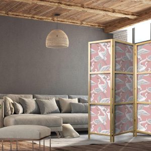 Paravent japonais - Pastel birds - a delicate pattern of white and grey herons on a light pink background
