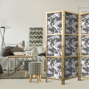 Paravent japonais - Pastel birds - a delicate pattern of white and grey herons on a light pink background