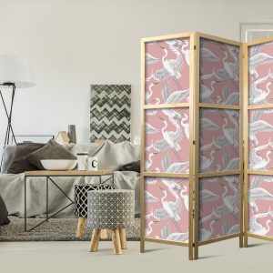 Paravent japonais - Pastel birds - a delicate pattern of white and grey herons on a light pink background