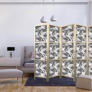 Paravent japonais - Pastel birds - a delicate pattern of white and grey herons on a light pink background
