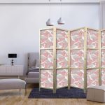Paravent japonais - Pastel birds - a delicate pattern of white and grey herons on a light pink background