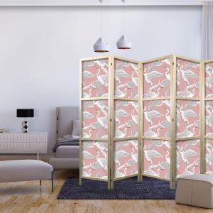 Paravent japonais - Pastel birds - a delicate pattern of white and grey herons on a light pink background