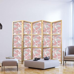Paravent japonais - Pastel birds - a delicate pattern of white and grey herons on a light pink background
