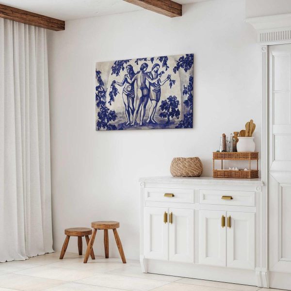 Tableau - Ancient vineyard - three women in a portal painted with blue ink