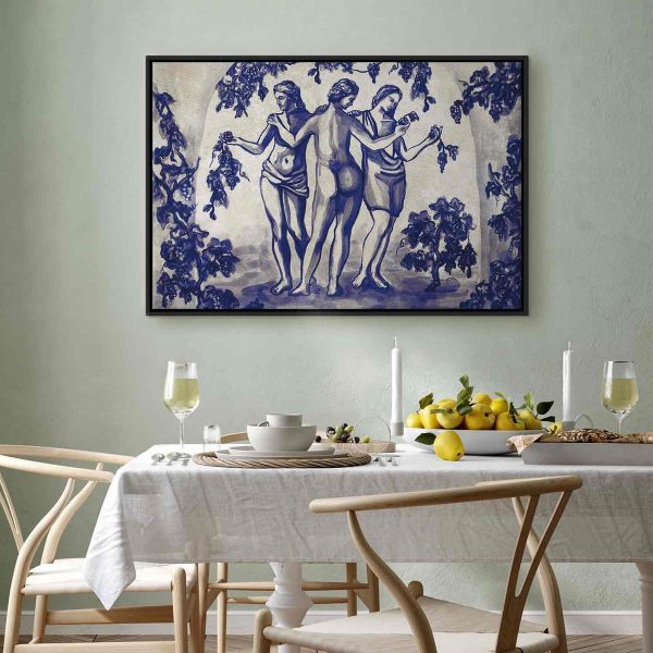 Tableau - Ancient vineyard - three women in a portal painted with blue ink