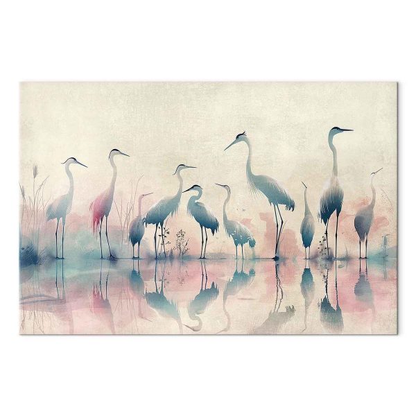 Tableau - Birds by the lake - herons painted in watercolour in delicate grey and pink colours
