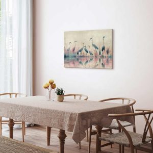 Tableau - Birds by the lake - herons painted in watercolour in delicate grey and pink colours