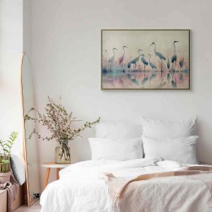 Tableau - Birds by the lake - herons painted in watercolour in delicate grey and pink colours