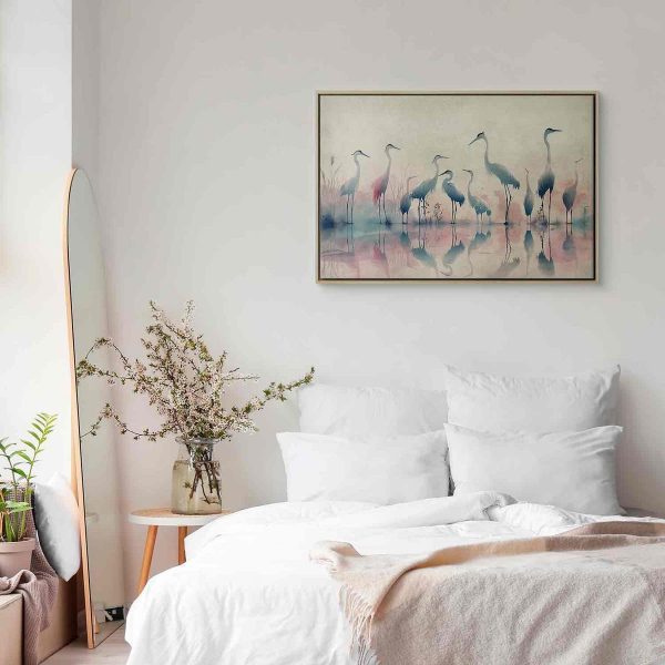 Tableau - Birds by the lake - herons painted in watercolour in delicate grey and pink colours