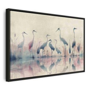 Tableau - Birds by the lake - herons painted in watercolour in delicate grey and pink colours