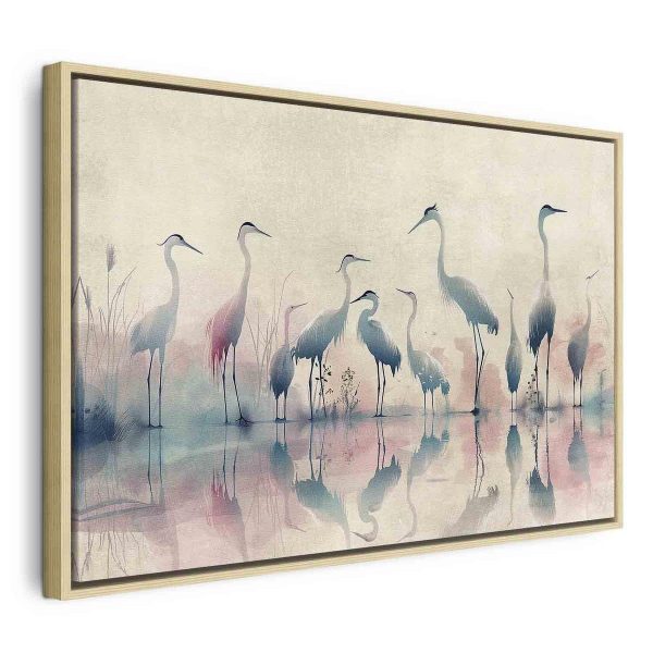 Tableau - Birds by the lake - herons painted in watercolour in delicate grey and pink colours