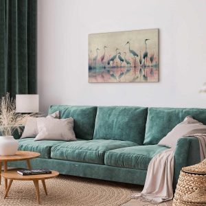 Tableau - Birds by the lake - herons painted in watercolour in delicate grey and pink colours