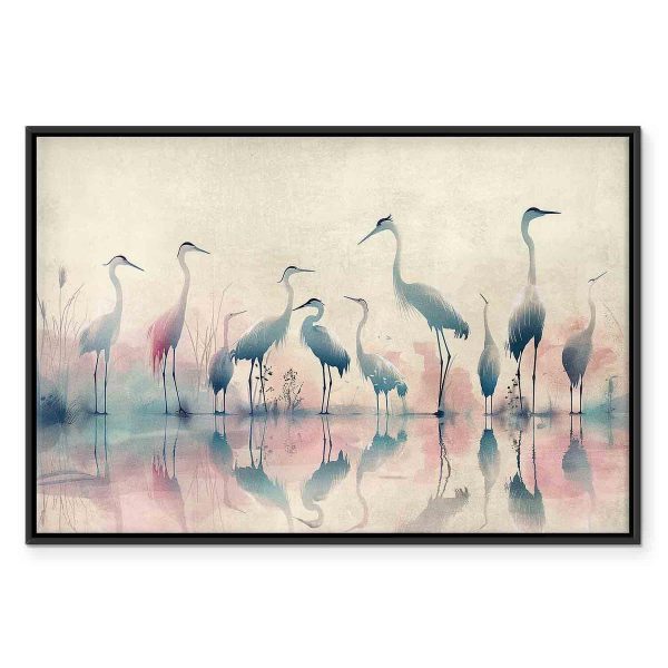 Tableau - Birds by the lake - herons painted in watercolour in delicate grey and pink colours