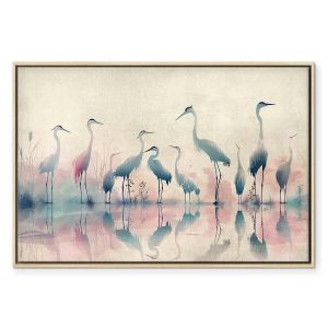 Tableau - Birds by the lake - herons painted in watercolour in delicate grey and pink colours