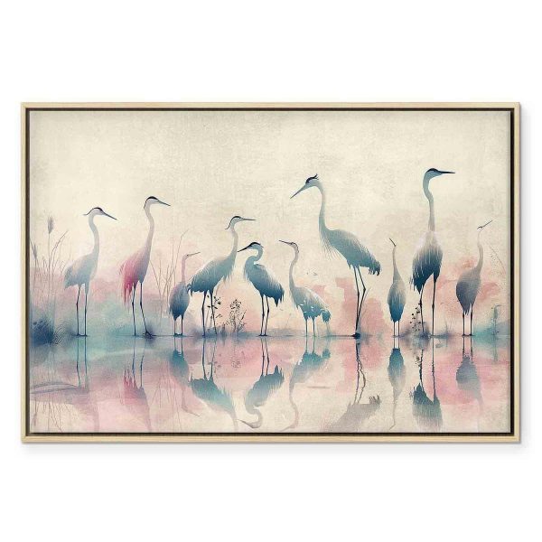 Tableau - Birds by the lake - herons painted in watercolour in delicate grey and pink colours