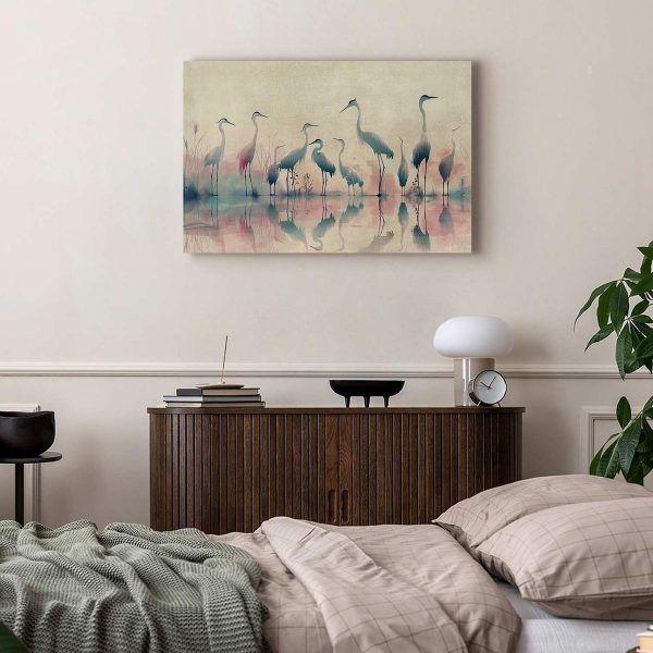 Tableau - Birds by the lake - herons painted in watercolour in delicate grey and pink colours