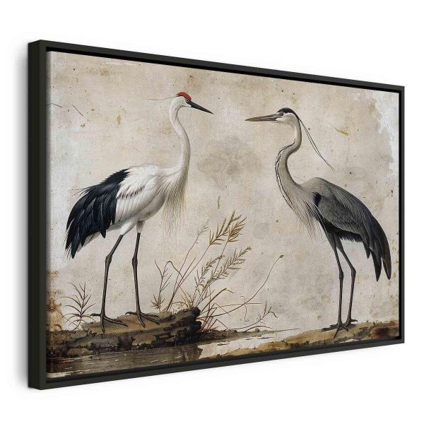 Tableau - Birds from an old engraving - vintage-style illustration depicting a heron and a crane