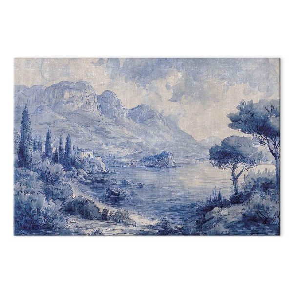 Tableau - Blue Bay - Italian landscape of Lake Como painted with blue ink