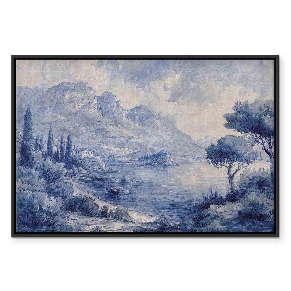 Tableau - Blue Bay - Italian landscape of Lake Como painted with blue ink