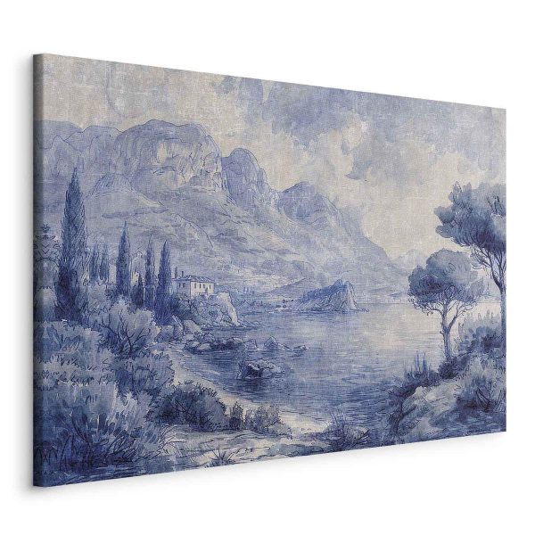 Tableau - Blue Bay - Italian landscape of Lake Como painted with blue ink