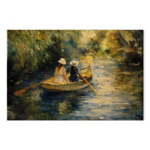 Tableau - Boat crossing - painting of two women sailing a boat on a river