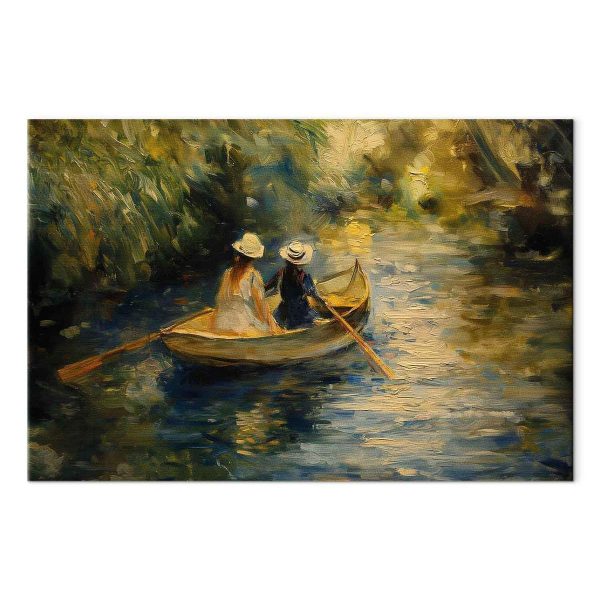 Tableau - Boat crossing - painting of two women sailing a boat on a river