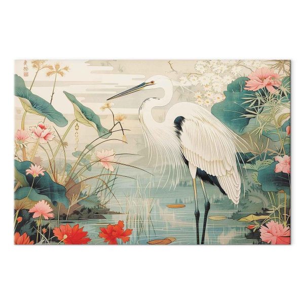 Tableau - By an Asian pond - an illustration in the style of a Japanese engraving, depicting a heron