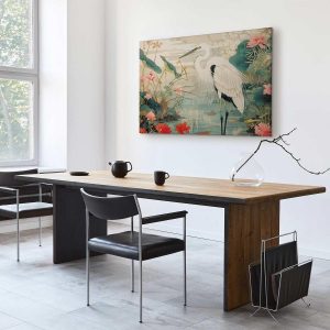 Tableau - By an Asian pond - an illustration in the style of a Japanese engraving, depicting a heron