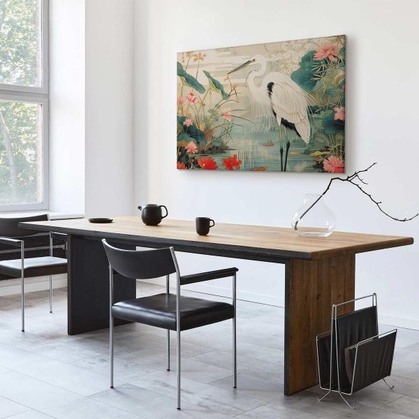 Tableau - By an Asian pond - an illustration in the style of a Japanese engraving, depicting a heron