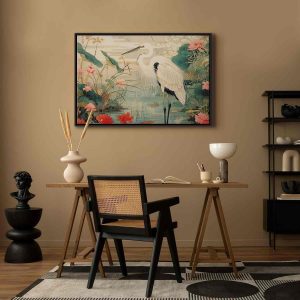 Tableau - By an Asian pond - an illustration in the style of a Japanese engraving, depicting a heron