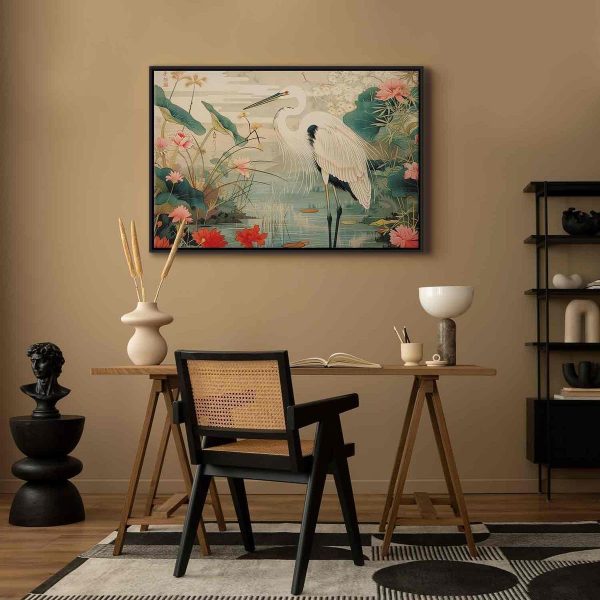 Tableau - By an Asian pond - an illustration in the style of a Japanese engraving, depicting a heron