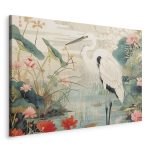 Tableau - By an Asian pond - an illustration in the style of a Japanese engraving, depicting a heron
