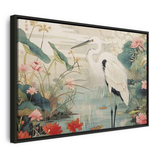 Tableau - By an Asian pond - an illustration in the style of a Japanese engraving, depicting a heron