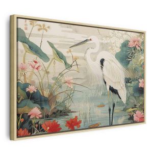 Tableau - By an Asian pond - an illustration in the style of a Japanese engraving, depicting a heron