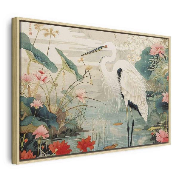 Tableau - By an Asian pond - an illustration in the style of a Japanese engraving, depicting a heron