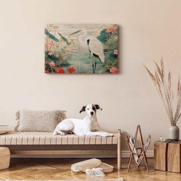 Tableau - By an Asian pond - an illustration in the style of a Japanese engraving, depicting a heron