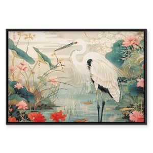 Tableau - By an Asian pond - an illustration in the style of a Japanese engraving, depicting a heron